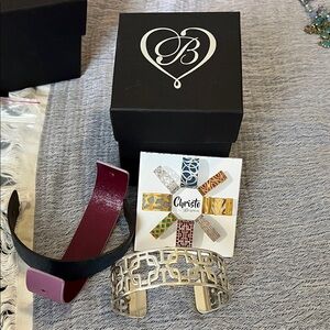 Brighton Silver Geometric Cuff Bracelet w/ 4 color leather straps (2 reversible)